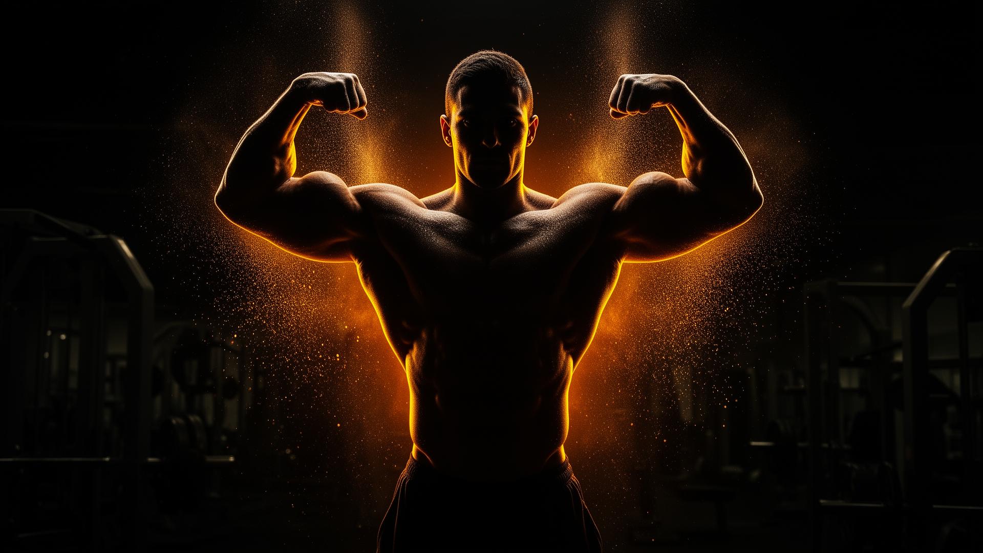 Bodybuilder flexing in dramatic lighting